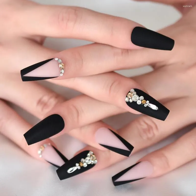 Medium Length 3D Rhinestone Coffin False Nails 1 In Black, Nude, And Pink  Matte Finish Perfect For Acrylic Art And Makeup From Sophine01, $7.49
